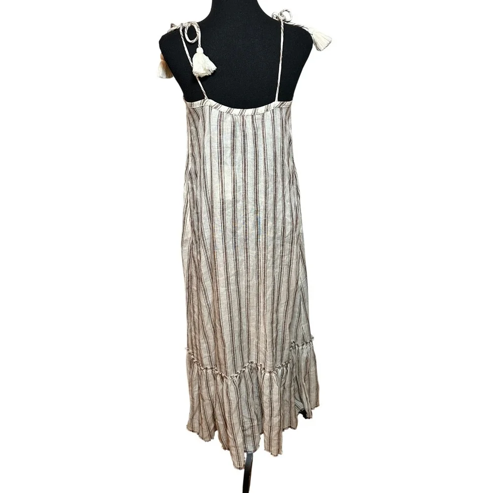 Tory Burch Striped Linen Maxi Dress Brown Cream Tassel Tie Straps 87512 Small